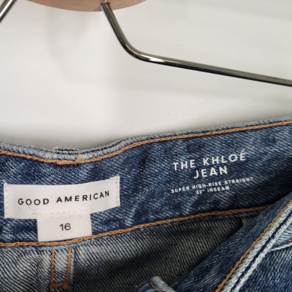 Good American The Khloe Jean Super High Rise Straight Distressed Blue‎ Sz 16 CUT - Picture 9 of 10